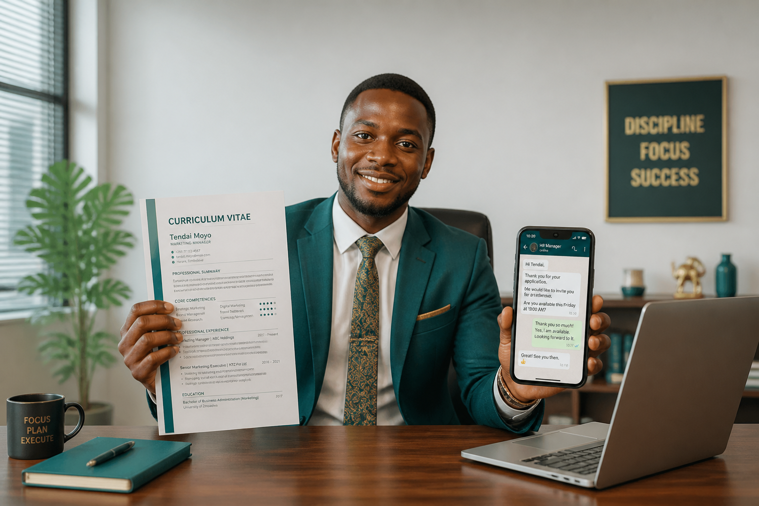 Job seeker holding his CV alongside a WhatsApp chat with an HR manager