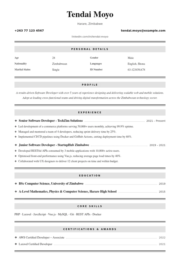 Classic CV template with sample professional experience, education and skills