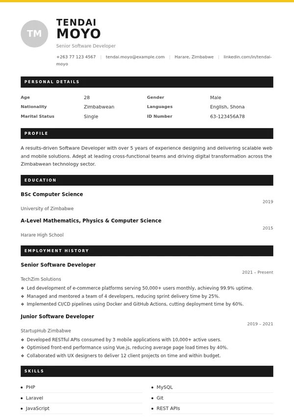 Graduate CV template with sample professional experience, education and skills